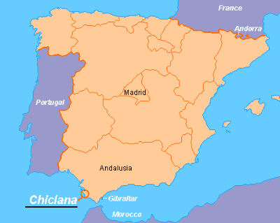 Map of Spain showing Costa de la Luz and Chiclana de la Frontera